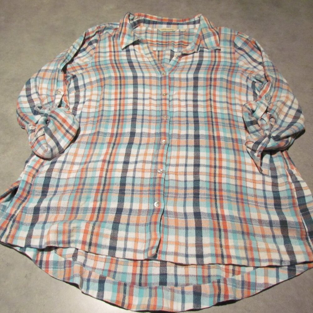 Soft Surroundings shirt tunic Womens 1X Button Down Cotton bright Plaid